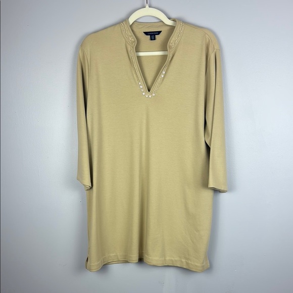Lands' End 100% Cotton Cream 3/4 Sleeve Top with Beaded Details Size 14-16 - Picture 11 of 13